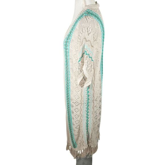 Chicos XL Open Knit Duster Cardigan Spring Summer Teal Mix Fringe Boho Size 3 - Picture 3 of 10